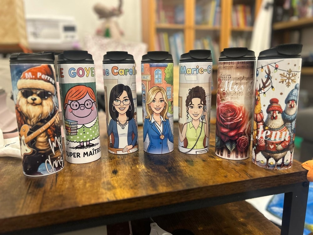 Collection of personalized character travel mugs