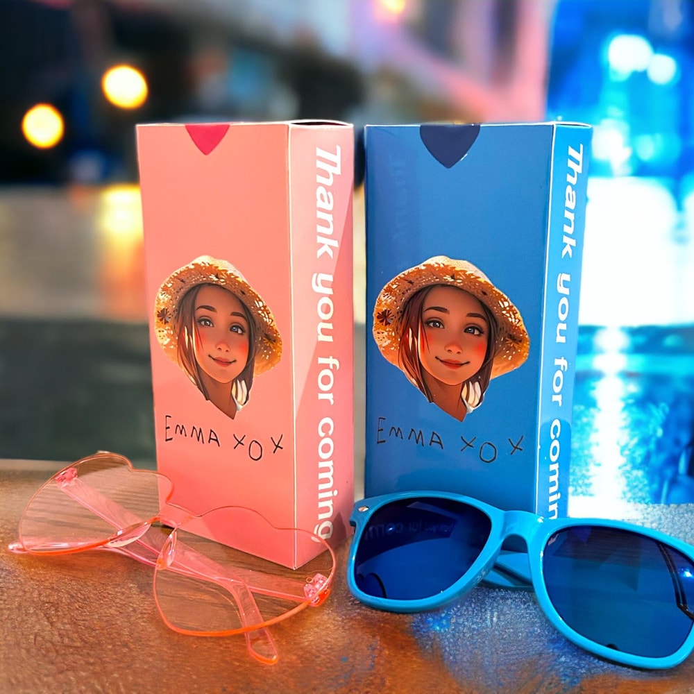 Custom Emma party favor boxes with sunglasses