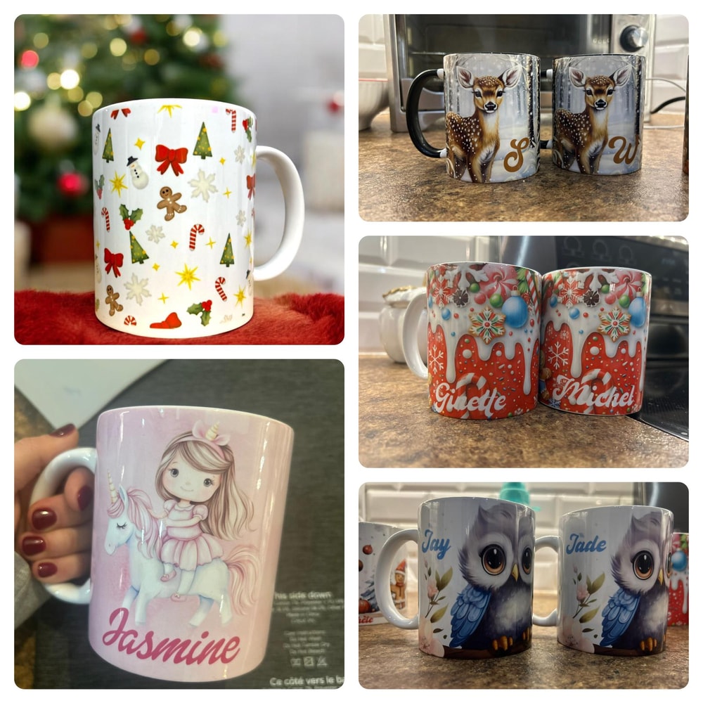 Collection of personalized mugs with Christmas and character designs